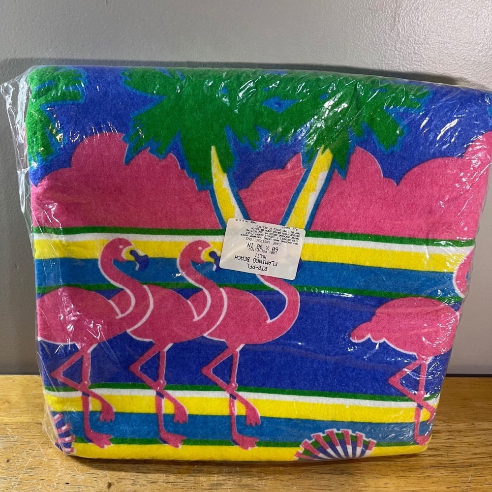 Vtg Flamingo Beach Towel Throw 60x90 Multi Tropical Retro Made in USA New